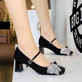Strap Rhinestone Buckle Mary Jane Shoes Square Toe Chunky Heel Sequined Bow Mid Heel Shoes